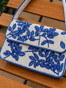 Sacs à bandoulière légers et écologiques en polyester tissé, style bohème, avec lettres bleues et blanches perlées, faits à la main, pour mariage, tendance - Product Image 3