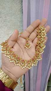 Indian Bridal Kundan Pearl <b>Necklace</b> Set | Gold Plated <b>Ruby</b> Green Stone Designer Jewellery - Product Image 3