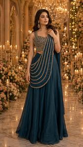 <b>Purple</b> Beaded Embroidered <b>Saree</b> Set Silk Blend Lehenga Suit Modern Indian Wedding Party Wear for Women - Product Image 2