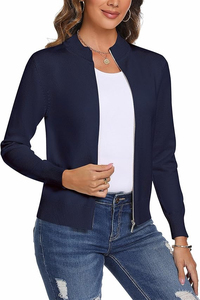 <b>Women's</b> <b>Navy</b> Blue Zipper <b>Cardigan</b> Full Sleeve Stand Collar Solid Color Knitted Sweater Casual Winter Wear 100% Acrylic - Product Image 5