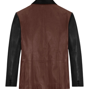 Blazer de Cuero Genuino para Hombre en Bloques de Color Marrón y Negro, Cuello Vuelto, Cierre de un Botón, Chaqueta Casual Elegante - Product Image 4