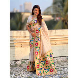 For Paithani Silk Zari Woven Saree with Big Border <b>Indian</b> & <b>Pakistani</b> <b>Clothing</b> Elite Weaves 650g - Product Image 1