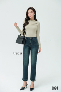 Pantalones vaqueros ajustados de pierna recta de estilo Vintage de cintura alta para mujer Pantalones tejidos formales de patrón sólido para la vida informal de primavera - Product Image 5