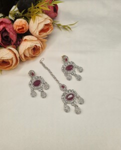 Designer Rhodium Plated Oval Cut CZ Stone Necklace <b>Set</b> With Earrings & Mangtika For Women Ethnic Fashion <b>Jewellery</b> <b>Set</b> Wholesale - Product Image 6