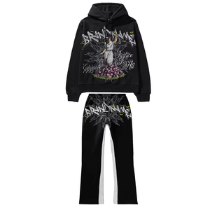 Unisex Oversized Hoodie and Sweatpants Set Printed Street Style Black with Flame Pineapple Graphic Autumn Wear - Product Image 2