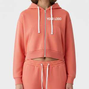 Women's <b>Coral</b> Cropped Hoodie Full Sleeve Zipper Front Logo Print Solid Knitted Cotton Autumn Wear - Product Image 1