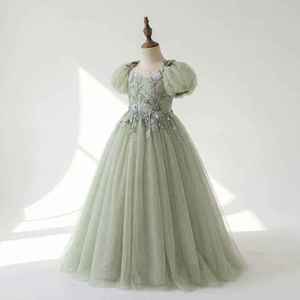 Vestido de Dama de Honor para Boda, Elegante, con Mangas Abullonadas, de Tul Suave, Vestido de Fiesta al por Mayor, Verde Salvia Sólido, Vestido de Princesa Transpirable - Product Image 1
