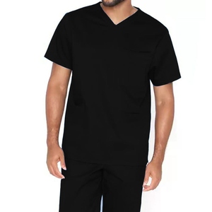Men Black V-Neck Short Sleeve Scrub <b>Top</b> Cotton Polyester Woven Hospital Uniform - Product Image 2