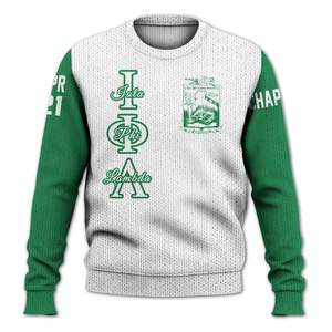 เสื้อแจ็คเก็ตวาร์ซิตี้สีขาวผสมเขียวมรกตแบบกำหนดเองของ Iota Phi Lambda พร้อมเสื้อสเวตเตอร์ถักของชมรม Iota Phi Lambda - Product Image 5