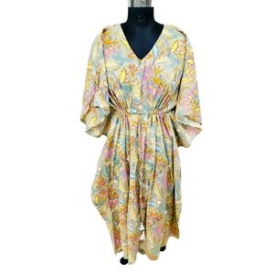 Vestido Largo Kaftan con Estampado Floral Jaipuri, Cuello en V, Manga Larga Holgada, Estilo Casual y Elegante, Cintura Elástica, Transpirable - Product Image 1