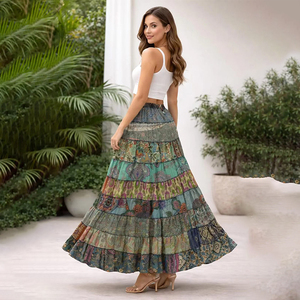 Wholesale BohemianTiered <b>Patchwork</b> women's casual <b>skirts</b> Ankle-Length Colorful silk <b>skirt</b> Smooth comfortable pleated <b>skirt</b> - Product Image 4