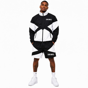 Custom Logo Men's Black <b>White</b> Color Block Windbreaker Jacket and Shorts <b>Set</b> <b>2</b> <b>Piece</b> Streetwear Track Suit - Product Image 3