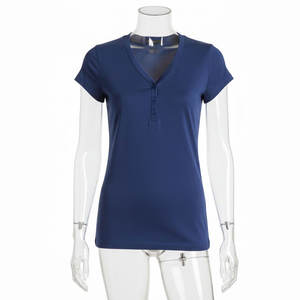 เสื้อยืดแขนสั้นคอเฮนลีย์ทรงเข้ารูปสไตล์ใหม่สำหรับผู้หญิง เสื้อลำลองแฟชั่นสำหรับสุภาพสตรี - Product Image 1