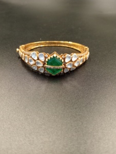 Classic Gold Plated <b>Silver</b> <b>Cuff</b> Bangle <b>Bracelet</b> with Emerald Cut Green Jade and White Stones Bezel Set for Women Wedding Jewelry - Product Image 5