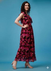 เดรสยาวพิมพ์ลายดอกไม้สีแดงเข้มของผู้หญิงผ้าจอร์เจ็ตผ้าเครปขนาด M L XL XXL ขายส่ง - Product Image 4