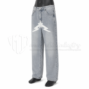 Jeans de Mezclilla de Pierna Recta para Hombre, Cintura Media, Lavado Claro, Estilo Casual de Algodón con Parche de Estrella Blanca en el Bolsillo Trasero, para Usar en Verano - Product Image 3