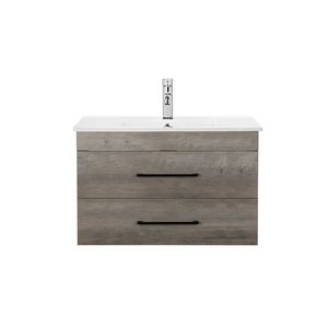 Mobile Bagno Moderno da 32 Pollici Grigio Effetto Legno Sospeso con Doppio Cassetto, Sistema Soft-Close e Lavabo in Ceramica Bianca - Product Image 3