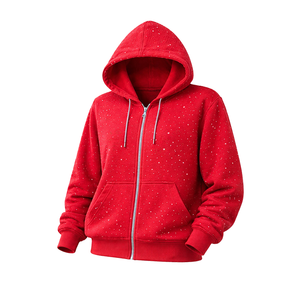 Sudadera con capucha unisex roja lisa con cremallera, forro polar personalizado, estilo casual urbano, holgada con bolsillo canguro - Product Image 2