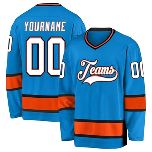 Men's Ice Hockey Jersey Blue White Orange <b>Heat</b>-Transfer Printed Moisture Wicking Short Sleeve Baseball Collar Polyester Cotton - Product Image 2