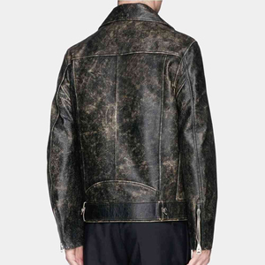 Blouson de motard en cuir véritable pour homme, noir délavé et vieilli, avec fermeture éclair et ceinture à la taille - Product Image 5