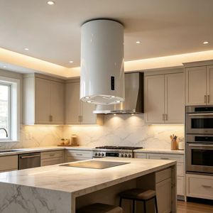 <span class=keywords><strong>Hotte</strong></span> <span class=keywords><strong>de</strong></span> <span class=keywords><strong>cuisine</strong></span> cylindrique blanche moderne à montage en îlot au plafond, avec éclairage LED à aspiration puissante, personnalisation OEM pour conception <span class=keywords><strong>de</strong></span> <span class=keywords><strong>cuisine</strong></span> ouverte - Product Image 6
