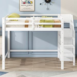 Letto a soppalco bianco a grandezza naturale con armadio integrato e scala (Vecchio SKU SM000527AAK) - Product Image 3
