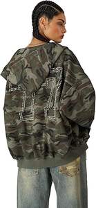 Sweat à capuche zippé avec graphisme Y2K clouté, coupe oversize, style streetwear vintage, 100% polyester, brodé, ODM - Product Image 3