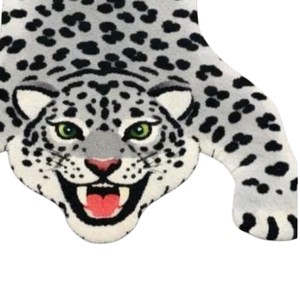 Snow Leopard Hand Tufted Wool <b>Rug</b> Black White Grey with Green Eyes Low Pile <b>Hallway</b> Decor - Product Image 6