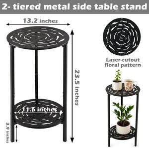 2-Tier <b>Round</b> Plant Stand Powder Coated Metal - Small Accent <b>Side</b> <b>Table</b> Corner Display Shelf for Patio Garden Balcony - Product Image 4