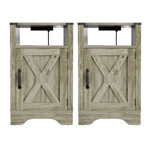 Farmhouse-Style <b>Rustic</b> Wooden Nightstand Tall <b>Bedside</b> <b>Table</b> with Electrical Outlets and Charging Station 2 Sets Available - Product Image 2