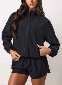 Ensemble de sport 2 pièces pour femme, haut zippé à manches longues, short taille haute, couleur unie, tricoté, respirant, Spandex/Nylon, été, sportif - Product Image 6