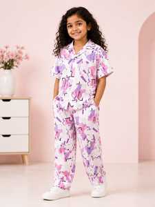 Ensemble coordonné pour filles, vêtements pour enfants, imprimé abstrait, comprenant une chemise à manches courtes à col et boutons et un pantalon long assorti - Product Image 4
