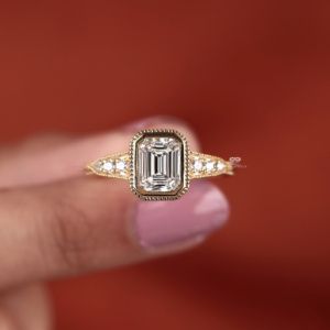 14K Gold Emerald Cut Lab Grown Diamond <b>Ring</b> for Women Vintage Milgrain Bezel Engagement <b>Ring</b> Custom Bridal Jewelry Manufacturer - Product Image 6