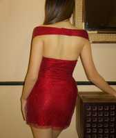 Robe de soirée mini dos nu en maille rouge rubis ornée de strass et de perles, coupe épaules tombantes, qualité supérieure, sexy, pour femme