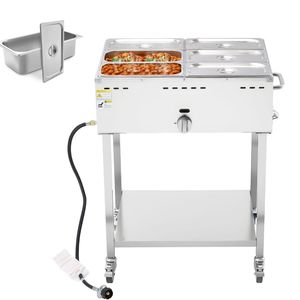 Scaldavivande Commerciale a Vapore a Gas Propano con 6 Vasche in Acciaio Inossidabile, per Esterni, con Ruote da 3 Pollici, Attrezzatura per Mantenere Caldi e Drenare il Cibo - Product Image 1