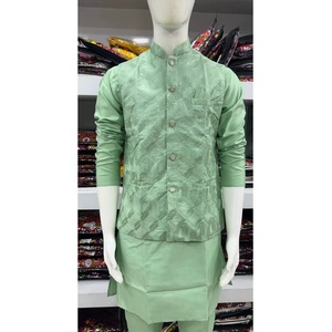 Premium Stylish Green Embroidered Silk Kurta Pajama Set Cotton <b>Jacket</b> with <b>Silver</b> Lining Design Festive Wedding Party Collection - Product Image 1