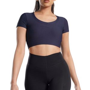 Custom Manufacturer Women Ribbed Slim Fit Crop <b>Top</b> Short Sleeve Stretch Breathable Yoga Gym Workout Fitness Activewear Tee - Product Image 1