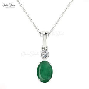 Wholesale Seller Genuine 7x5mm Oval Cut Emerald & Diamond Accent <b>Pendant</b> 14k <b>Solid</b> <b>Gold</b> Birthstone <b>Pendant</b> For Wedding Gift - Product Image 3