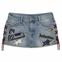 Mini-jupe en jean vintage pour femme, style rétro, avec dentelle, patchs et strass, respirante, coupe ample, pour toutes les saisons
