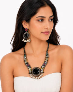 Parure Collier et Boucles d'Oreilles en Laiton Bicolore Oxydé, Gouttes de Turquoise – Bijoux Bohèmes pour Femme, Idéal Cadeau de Fiançailles ou de Mariage - Product Image 4