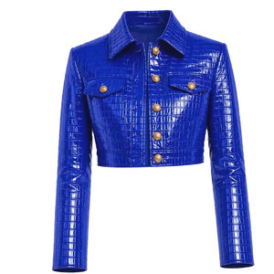 Blue <b>Leather</b> Cropped <b>Blazer</b> With Croco Embossed Texture Full Sleeve Turn-down Collar Single Breasted Women's <b>Jacket</b> - Product Image 1