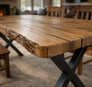 Mesa de comedor de madera de acacia maciza de primera calidad con patas de metal resistentes, muebles de madera con borde natural para el hogar moderno, restaurante, casa de campo. - Product Image 6