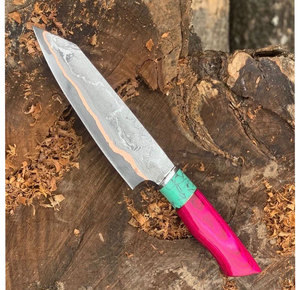 Couteau de Chef de Cuisine Haut de Gamme Tendance en Cuivre Damas Fait Main avec Manche Turquoise Cu-Mai San-Mai - Product Image 5