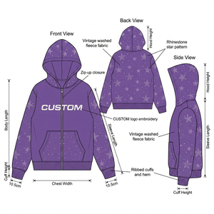 เสื้อฮู้ดดี้วินเทจสั่งทำพิเศษ ตกแต่งด้วยคริสตัล ทรงโอเวอร์ไซส์ ขอบดิบ สไตล์สตรีทแวร์ ซิปหน้า ลายดาวคริสตัล Y2K - Product Image 5