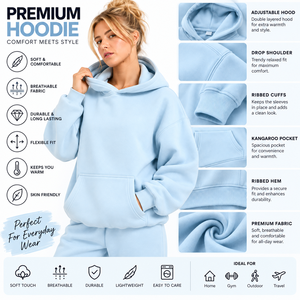 Sweat à capuche oversize pour femme, bleu clair uni, en polaire, manches longues, avec poches, longueur standard, pour l'automne, 350 g/m² - Product Image 5
