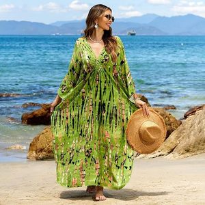Green Printed Maxi Dress V-Neck Batwing Sleeve Loose Boho <b>Summer</b> Casual <b>Kaftan</b> Dress - Product Image 4