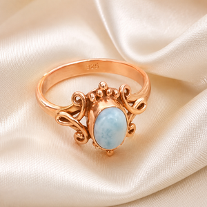 Pure 925 Sterling Silver Oval Blue Larimar <b>Ring</b> Rose & Yellow Gold Plated Handmade Scroll <b>Boho</b> Statement Fine Gift Jewelry Women - Product Image 4
