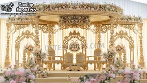 Magnifique décor de mandap moderne et léger pour mariages en intérieur, en fibre de verre, avec dessus floral circulaire, mandap de mariage personnalisé sculpté - Product Image 2