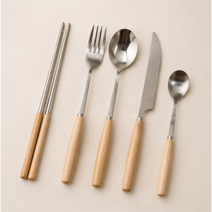 Ensemble de couverts en acier inoxydable avec manches en bois d'acacia naturel, couverts écologiques pour hôtel et réceptions de mariage - Product Image 1