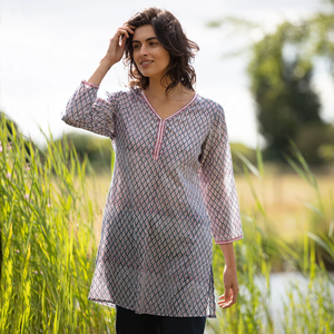 VENTE Haut long KURTA Style 2 Gris et rouille avec motif blanc 100% léger Col en V Manches longues Haut pour femmes - Product Image 5